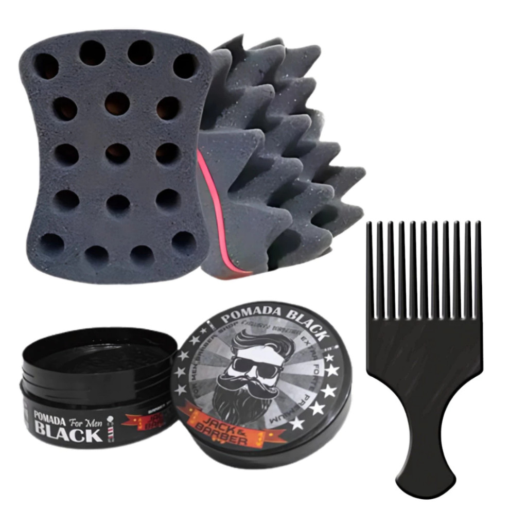 Esponja Nudred Dupla Enrolar Cabelos Média 16mm + cera modeladora + Pente Afro