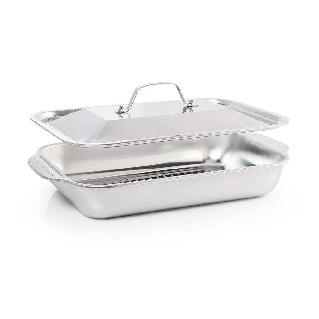 Assadeira Forma Grill Aço Inox com Tampa 33x19cm Cozinha Forno Profissional Gourmet Mix
