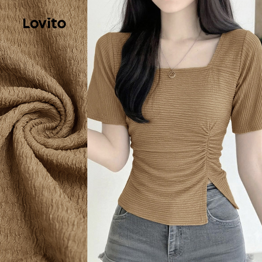 Lovito Casual Camiseta Dividida Frontal Primavera/verão Camiseta Khaki para Mulheres L177ED225