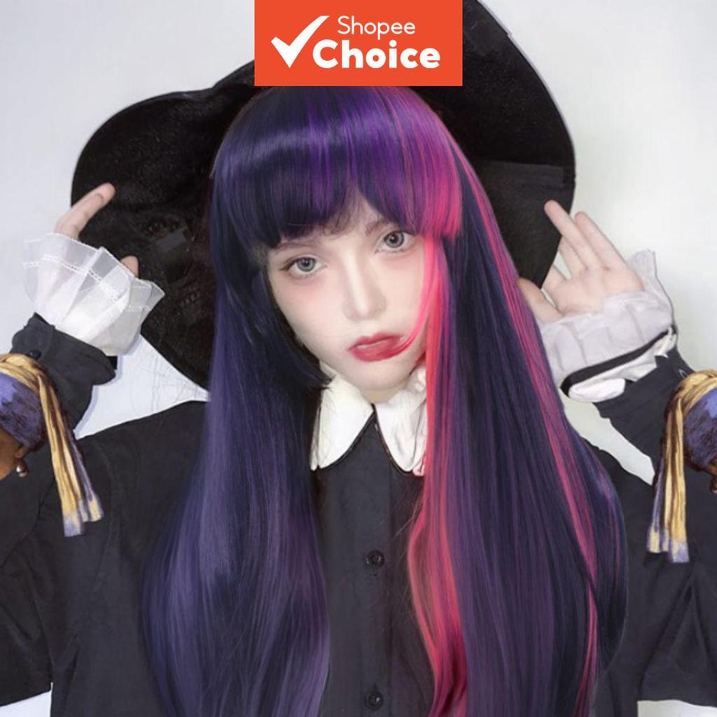  Peruca longa e ondulada roxo-rosa degradê com franja, camadas fofas, sintética brilhante, estilo Crepúsculo, moda