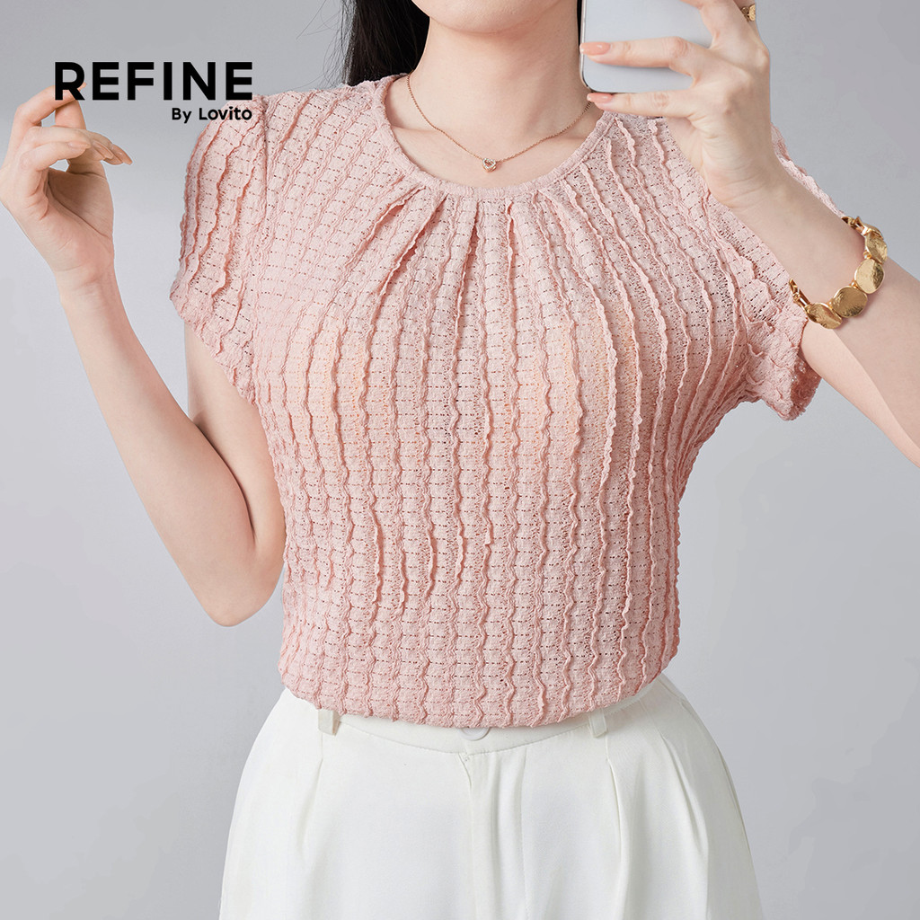 (Refine by Lovito) Casual Blusa Plissada Oca Lazer Primavera/verão Blusa Rosa para Mulheres LR32E074
