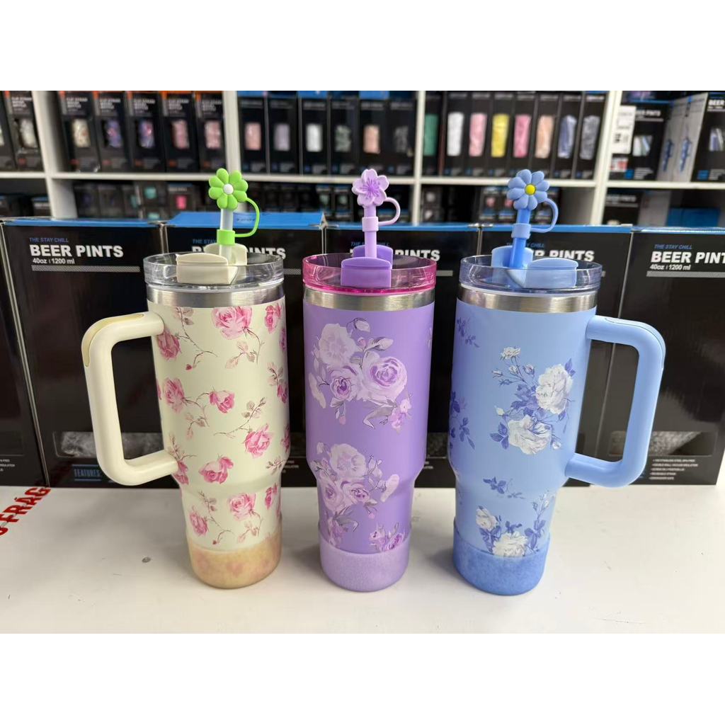 Copo térmico de aço inoxidável de 1200ml, flores requintadas, com tampa de canudo de flores e porta-copos antiderrapante