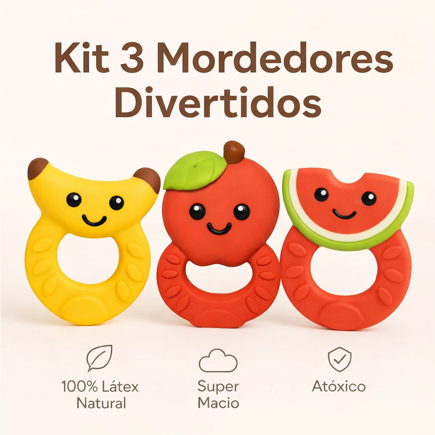 Kit Mordedor Bebê 100% Natural Macio Alívio Gengiva 03 Peças