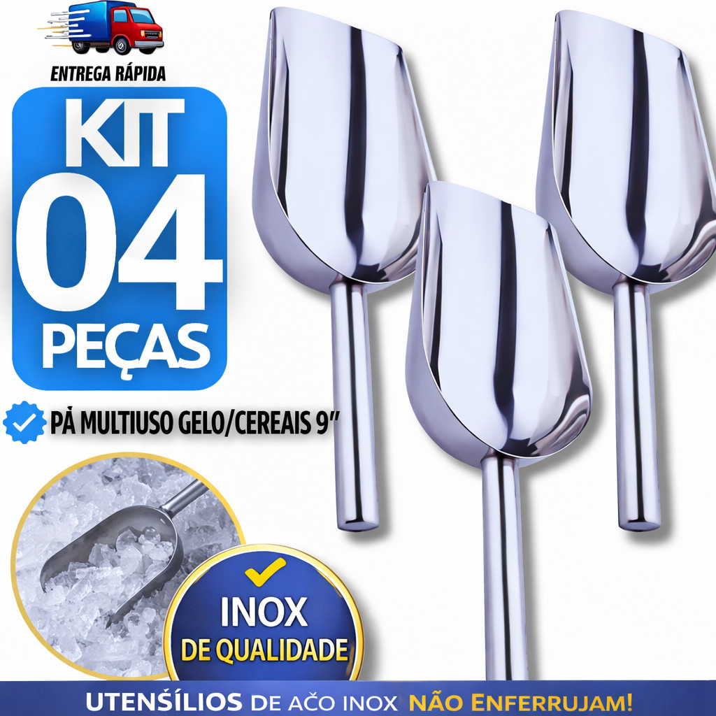 Conjunto de Pá Pegadora 9" Aço Inox Multiuso Pegador Medidor Concha para Gelo Ração Pet Cereal e Grãos Utensílios