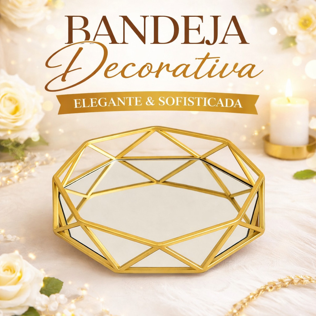 Bandeja Espelhada Geometrica Metal Vidro Decoração Mesa Multiuso Moderna Luxo Dourada
