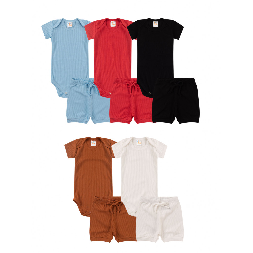 Kit 4 Peças de Roupas para Bebê Unissex 2 Body Manga Curta e 2 Short Canelado