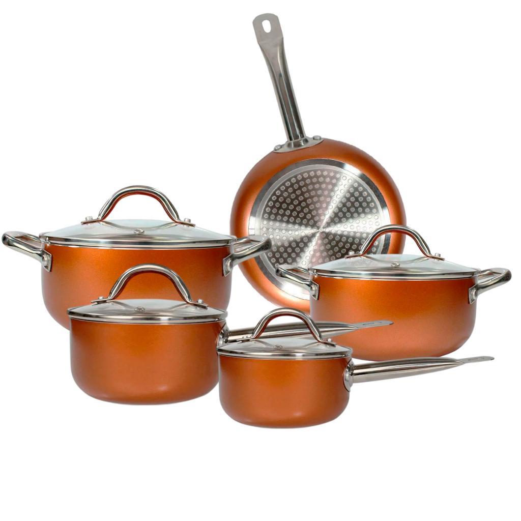 Jogo de Panelas Indução 5 Pçs Hauskraft Zahtar Revestimento Cerâmico Fundo Triplo Bronze em Oferta na Shopee