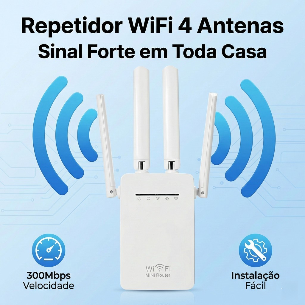 Repetidor WiFi 300Mbps com 4 Antenas Amplificador de Sinal Internet Sem Fio WPS