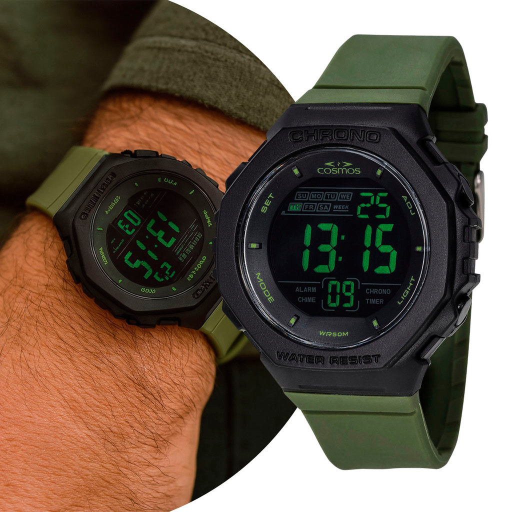 Relógio Masculino Digital de Pulso com Pulseira de Silicone à prova D Água Verde Militar Tático Shock Cosmos Original