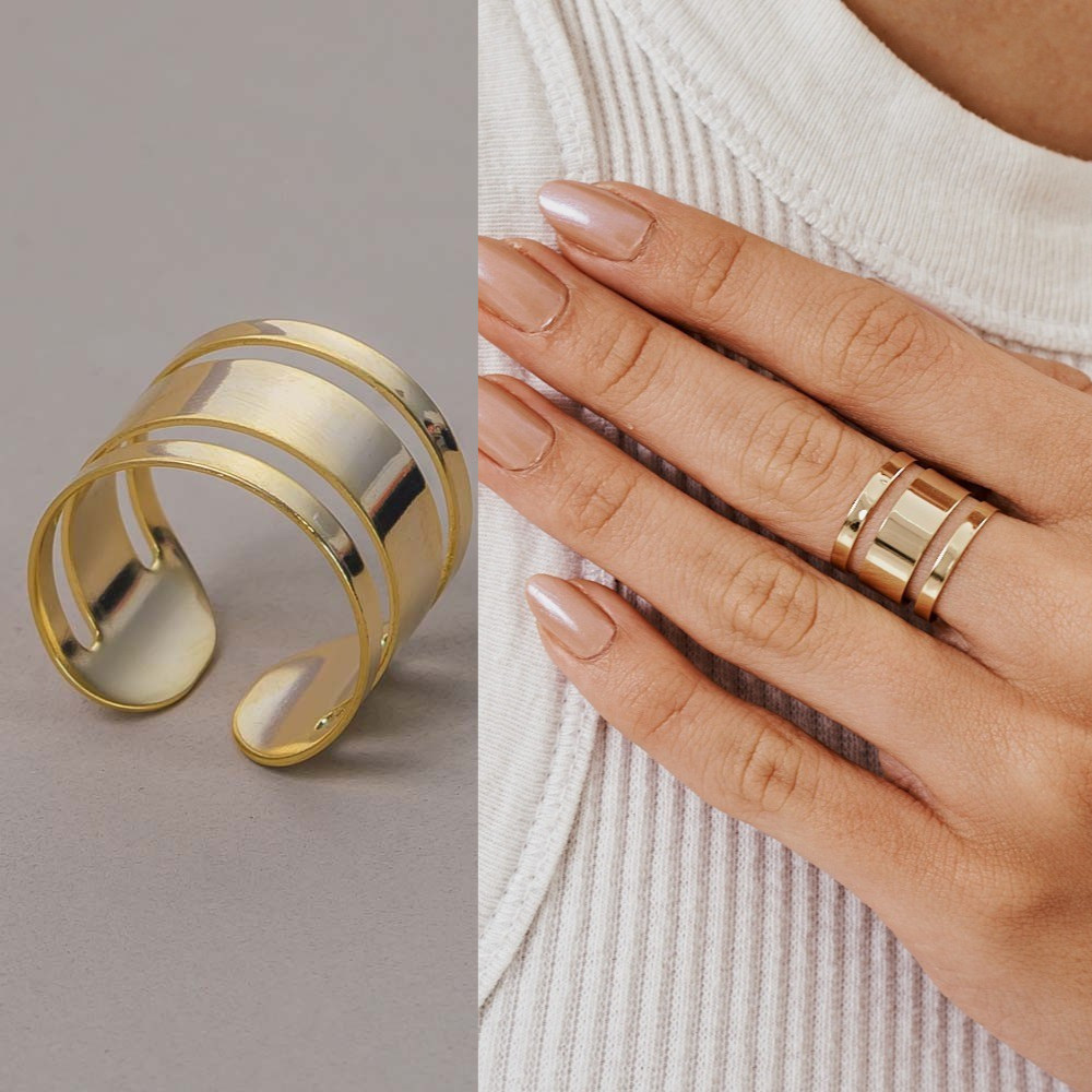 Anel Ajustável Largo Faixas em Banho de Ouro 18k em Oferta na Shopee