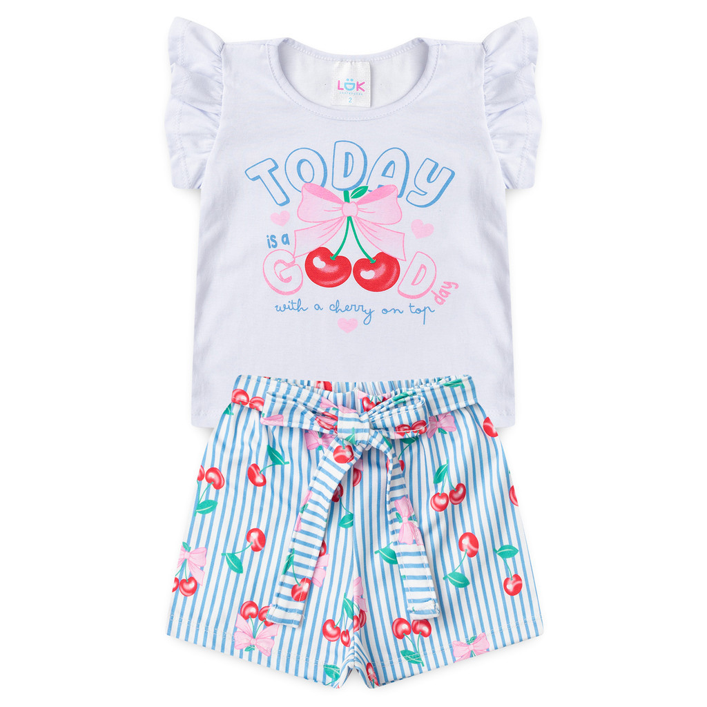 Conjunto Infantil Verão Feminino Cereja  LDK - Branco 1 ao 10 Anos