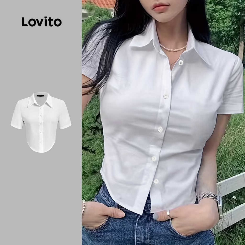 Lovito  Blusa Branca Casual com Botão Primavera/verão para Mulheres L172ED051 em Oferta na Shopee
