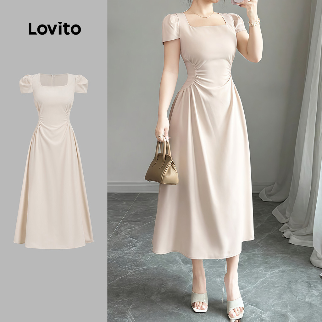 Lovito  Vestido Elegante com Pregas Franzido, Leve Cor Caqui, para Mulheres. L171AD016 em Oferta na Shopee