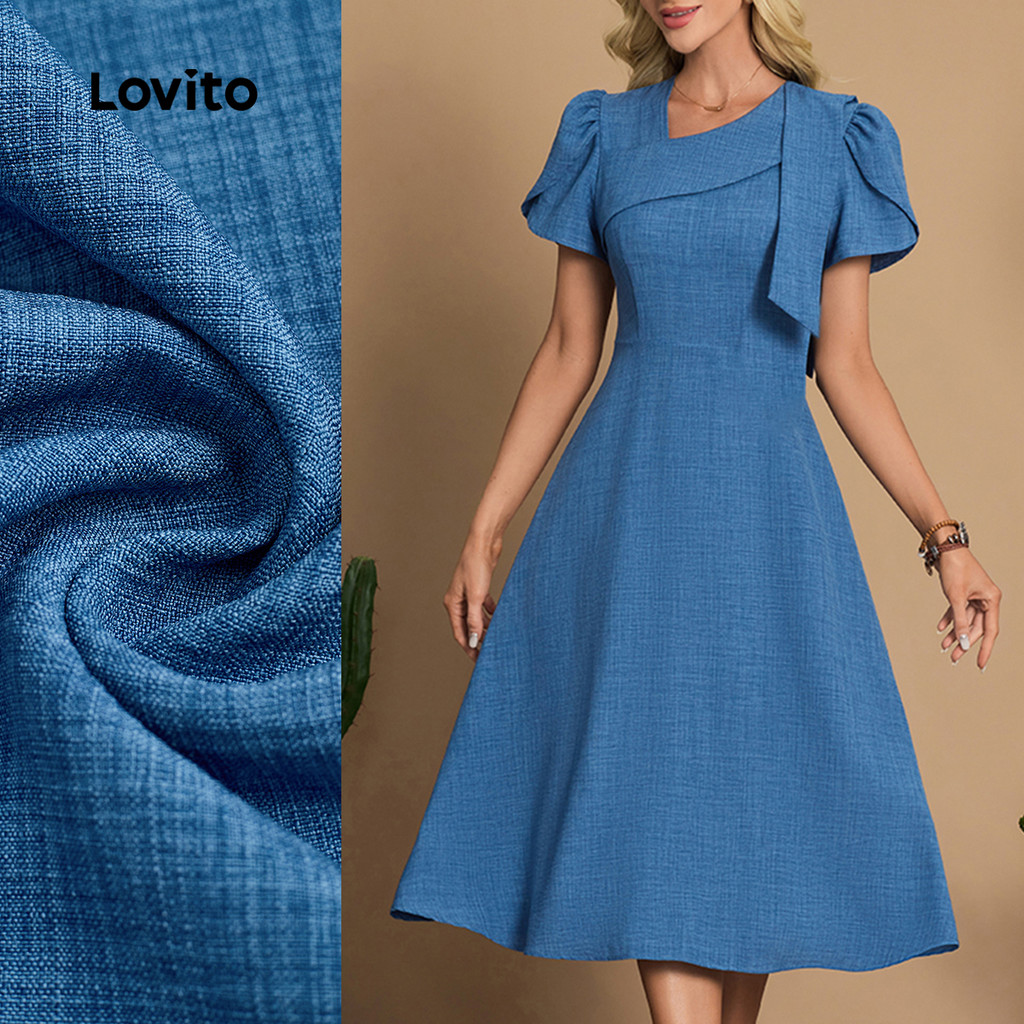 Lovito Vestido Elegante Textura Jeans Assimétrico Amarração Frontal Azul Escuro Primavera/Verão LBL32080 em Oferta na Shopee