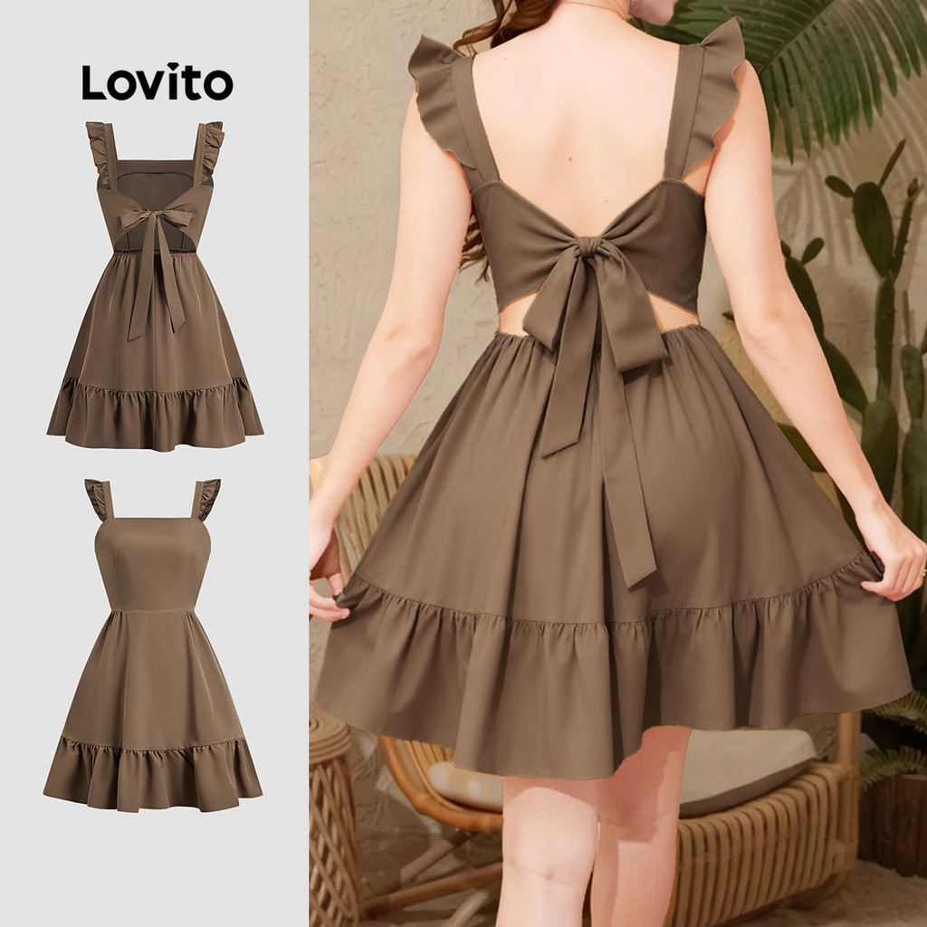 Lovito  Vestido Casual com Laço Nas Costas Primavera/verão Damasco para Mulheres L172ED060 em Oferta na Shopee