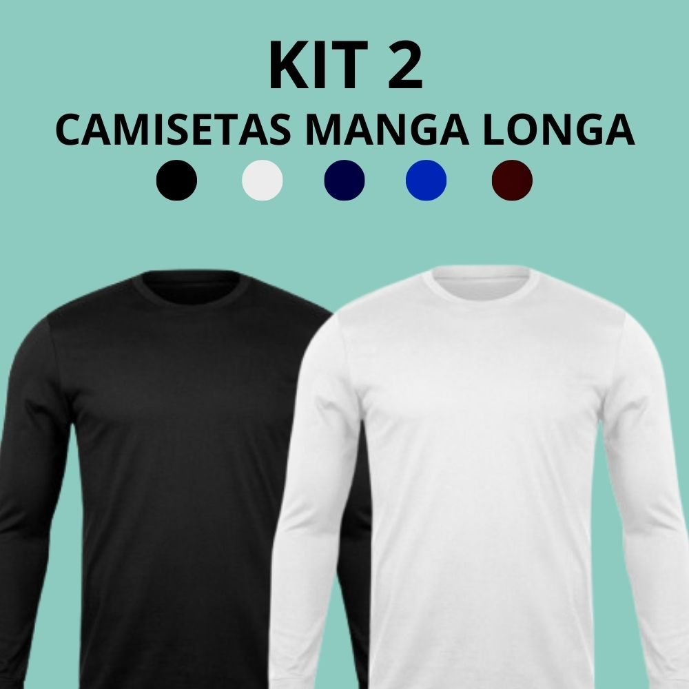 Kit 2 Camisetas Manga Longa 100% Algodão Masculina Lisa Slim Premium C/ Punho Gola Redonda Camisa Manga Comprida Inverno