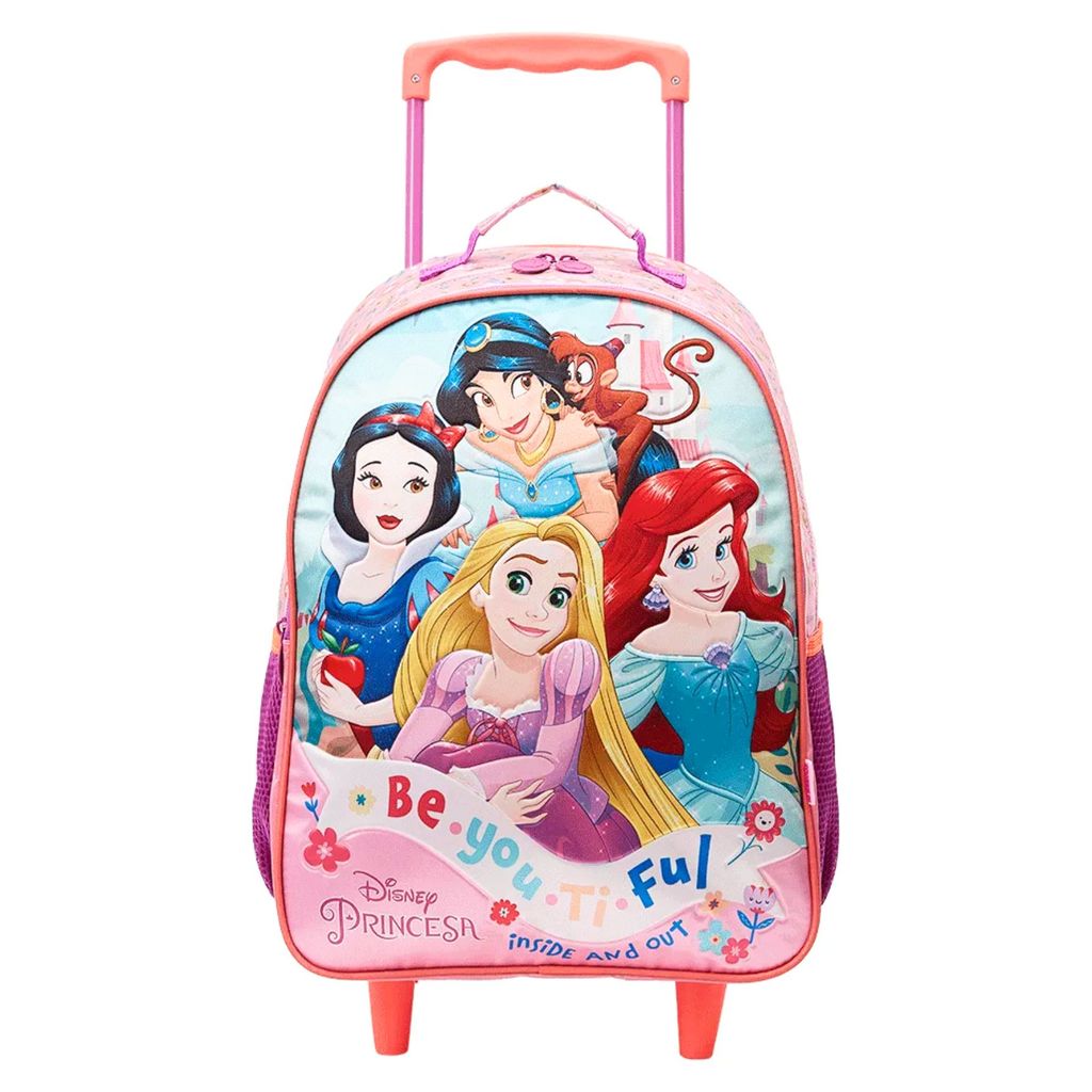 Mochila Escolar de Rodinha Infantil Menina Original Disney Princesas Sereia Rapunzel Jasmine Branca de Neve