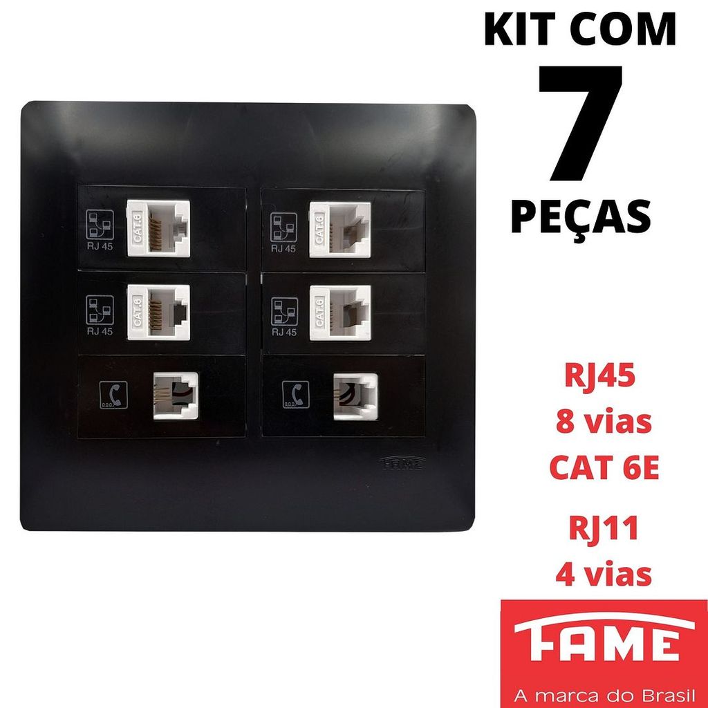 7un Tomada Voz e Dados RJ11 4 Vias Dupla RJ45 CAT 6E 8 Vias Quadrupla Dupla 4X4 Com Placa Habitat Black Preto FAME