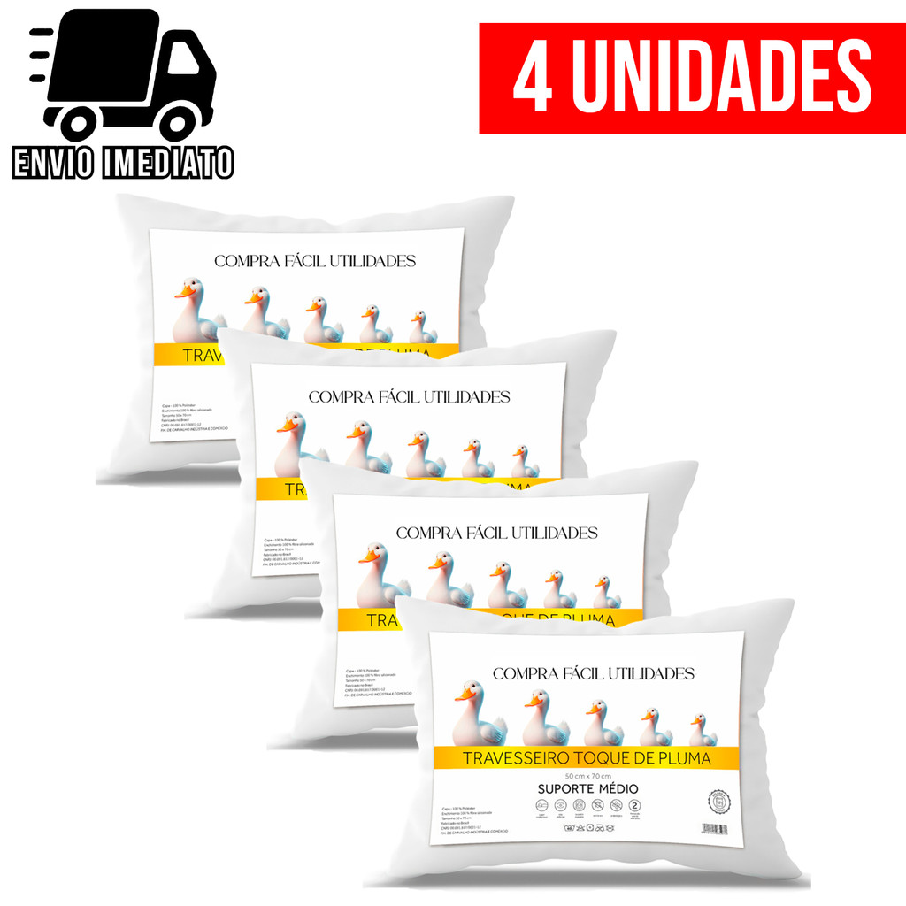 Kit 4 Travesseiro Pluma de Ganso Premium Macio Conforto Hotel Luxo Antialérgico em Oferta na Shopee
