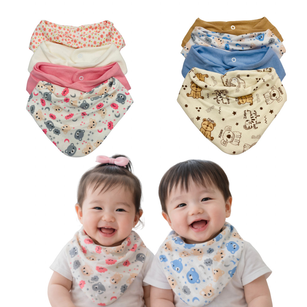 4 Babador Bandana Estampado e Misto Bebê Tecido Duplo Algodão Botão de Pressão