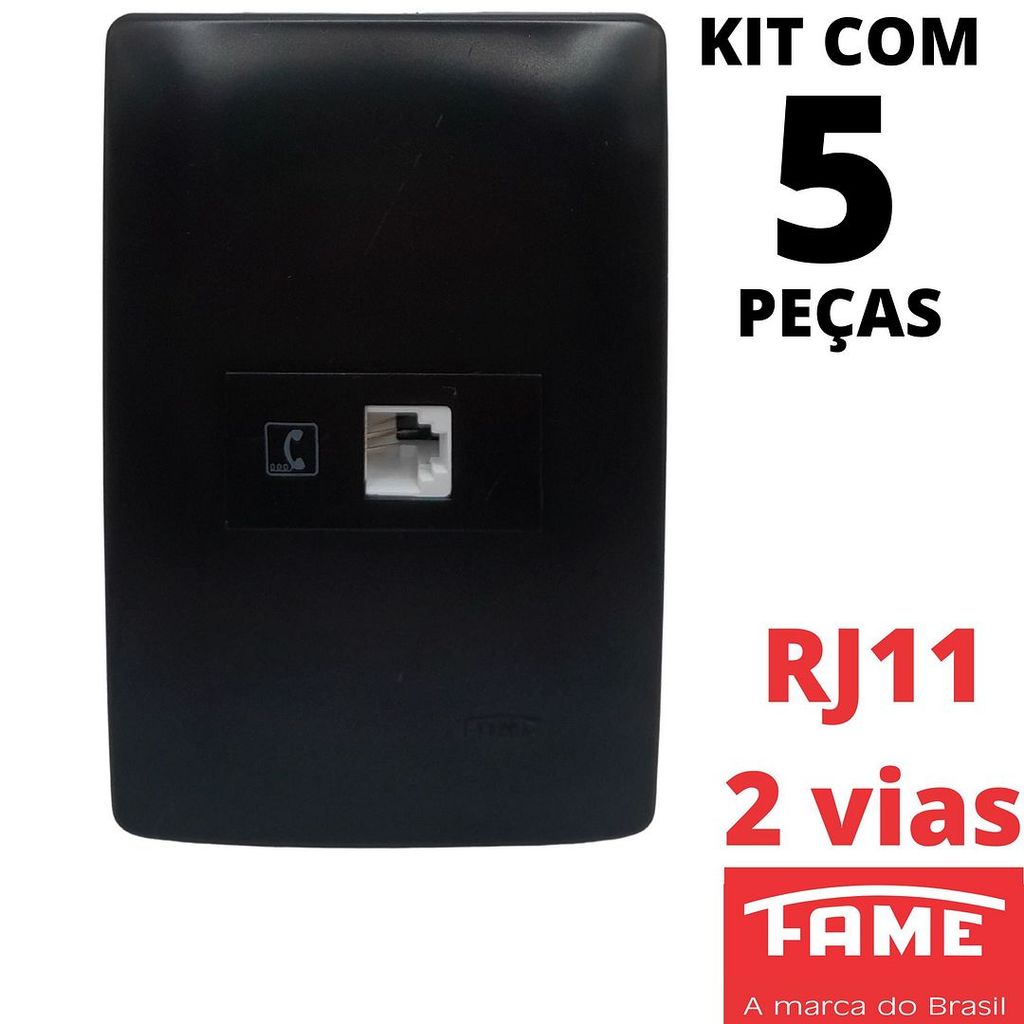 5un Tomada Telefone Interfone RJ11 2 Vias Com Placa 4x2 Habitat Black Preto FAME