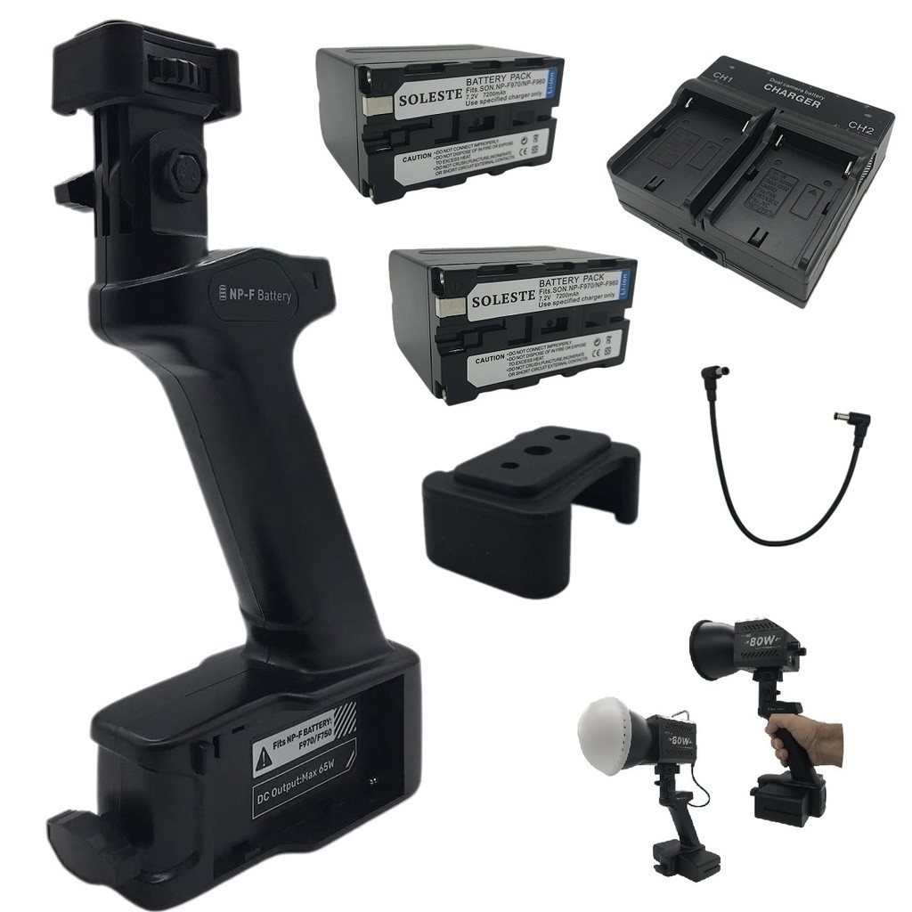 Kit Suporte Portátil com 2 Baterias NP-F970 7200mAh, Carregador Duplo e Base de Alimentação para Luz de LED S