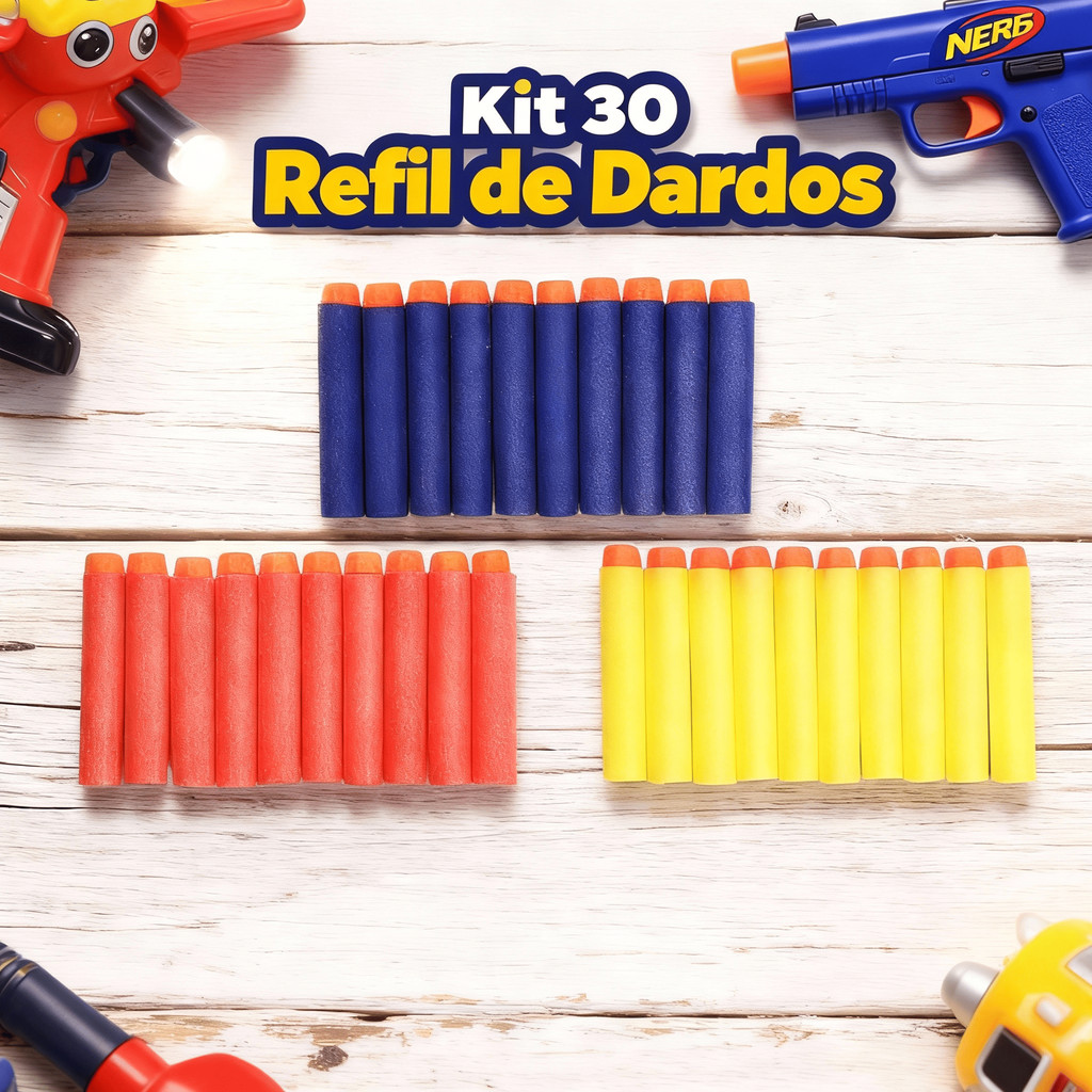 Kit 30 Refil de Dardos Espuma Munição Nerf Lançador Balas Infantil Brinquedo
