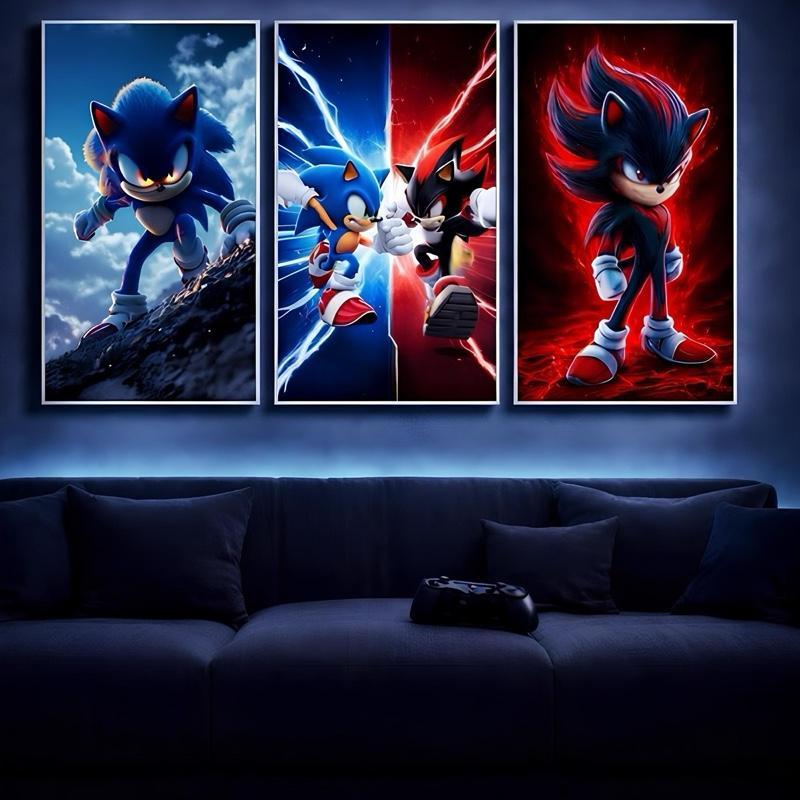 Quadro Decorativo Sonic Gamer 3 Peças – Batalha Épica Sonic vs Shadow