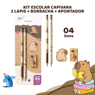 KIT ESCOLAR CAPIVARA 2 LÁPIS + BORRACHA + APONTADOR SKYPAPER em Oferta na Shopee