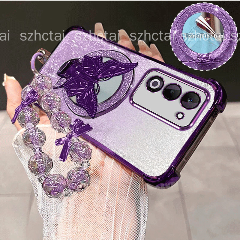 Invólucro Para OPPO A5 5G Luxo Borboleta Glitter Espelho Dobrável Suporte Na Moda Contas Cordão Pulseira Alça De Pulso À