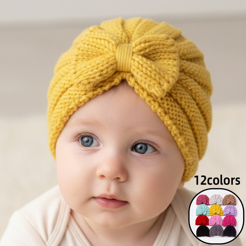 Novo estilo bebê bonito arco chapéu crianças malha chapéu de lã quente bebê Fetal chapéu