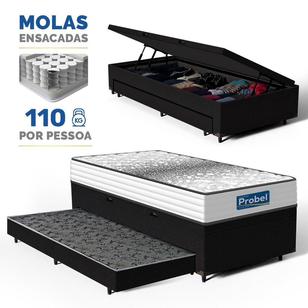 Cama Box Baú com Colchão de Molas Ensacadas Double Face Essence Probel + Auxiliar Solteiro 88cm