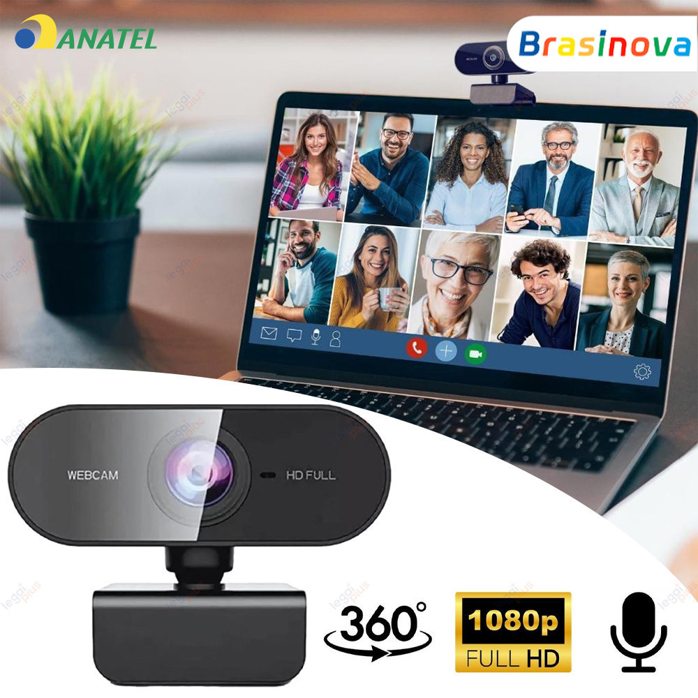 Webcam Full HD 1080p com Microfone Embutido Rotação 360° Ajuste Livre para PC Notebook Home Office