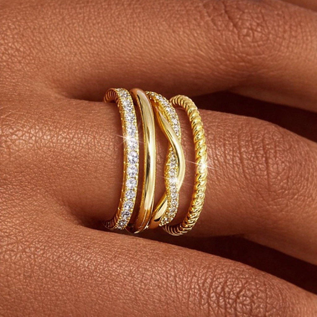 kit 4 anéis Feminino com Zircônias Brilhantes delicado Elegante em banhado a ouro 18k a Prata 925 em Oferta na Shopee