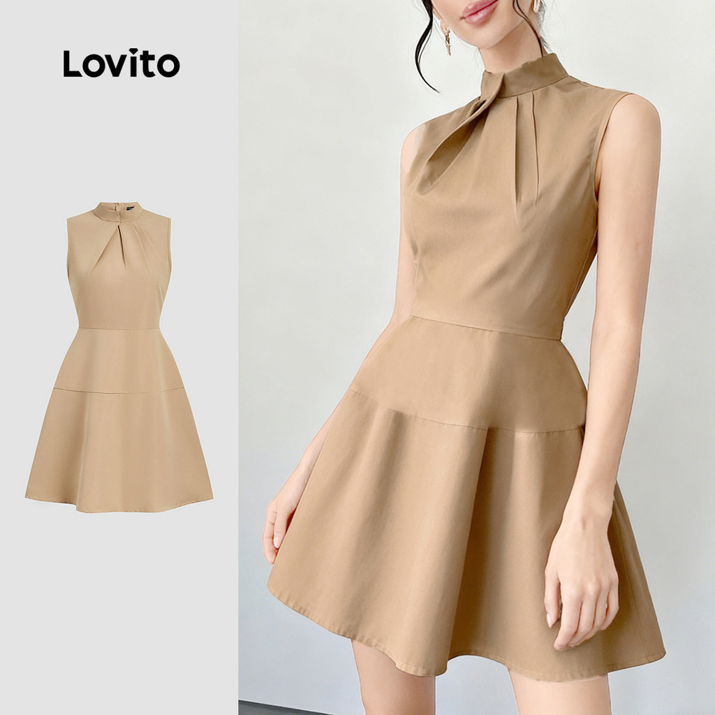 Lovito Vestido Casual Plissado Linha Estruturada Primavera/verão Khaki Requintado para Mulheres L172ED401 em Oferta na Shopee
