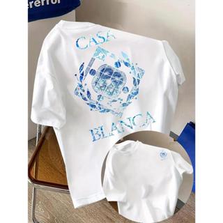 T-shirt Vintage Azul Estampado para Homem - Design "CASA BLANCA" com Padrões Florais e Geométricos, Manga Curta Casual,  em Oferta na Shopee