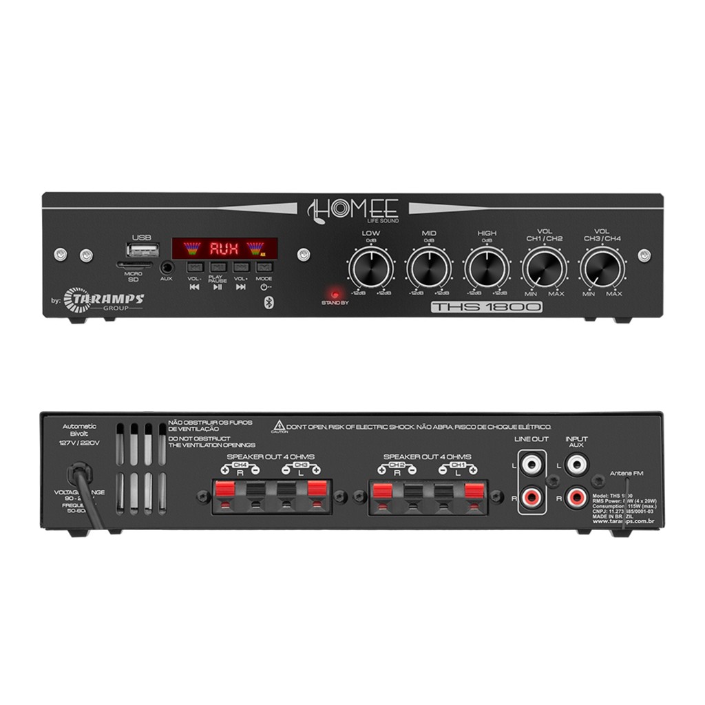 Kit Amplificador Som Ambiente 80 Watts 4 canais THS 1800 + 4 Arandelas 6" 40w 4 Ohms - Taramps