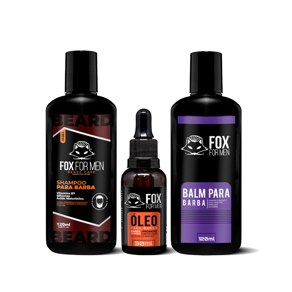 SHAMPOO PARA BARBA + ÓLEO EM GOTAS + BALM - FOX FOR MEN em Oferta na Shopee
