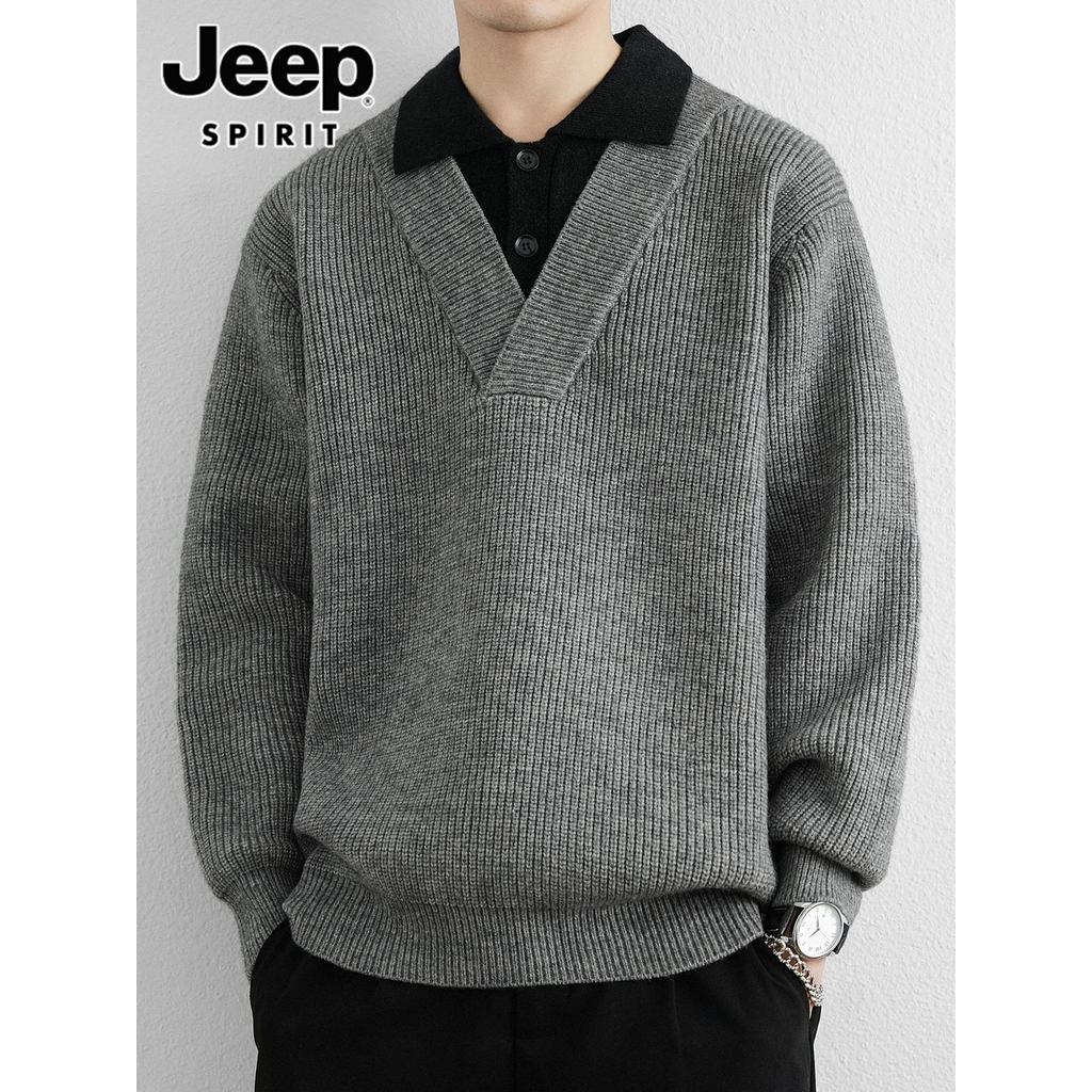 JEEP SPIRIT Camisa Gola Suéter Masculino Primavera High-End Trendy Contraste Cor Casual Falso Suéter de Duas Peças Mascu