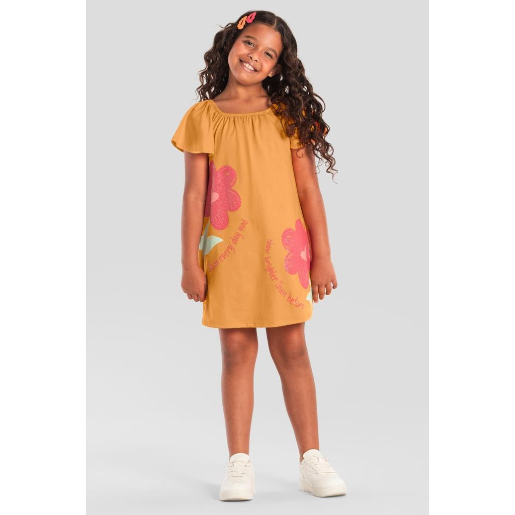 Vestido infantil menina flores brilhantes Brandili -Laranja