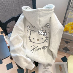 Moletom Feminino Americano Retro Hello Kitty Versátil Doce Estilo Universitário Com Capuz e Bolso