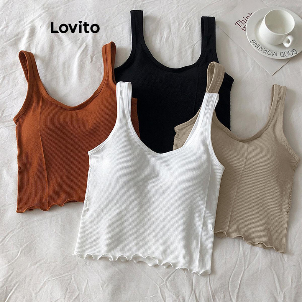 Lovito Regata Casual Com Babados Lisos Para Mulheres LNL45009 em Oferta na Shopee