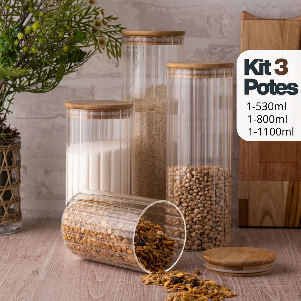 Kit 3 Potes De Vidro Canelado Hermético Mantimentos Com Tampa Bambu 1100ml 800ml e 530ML