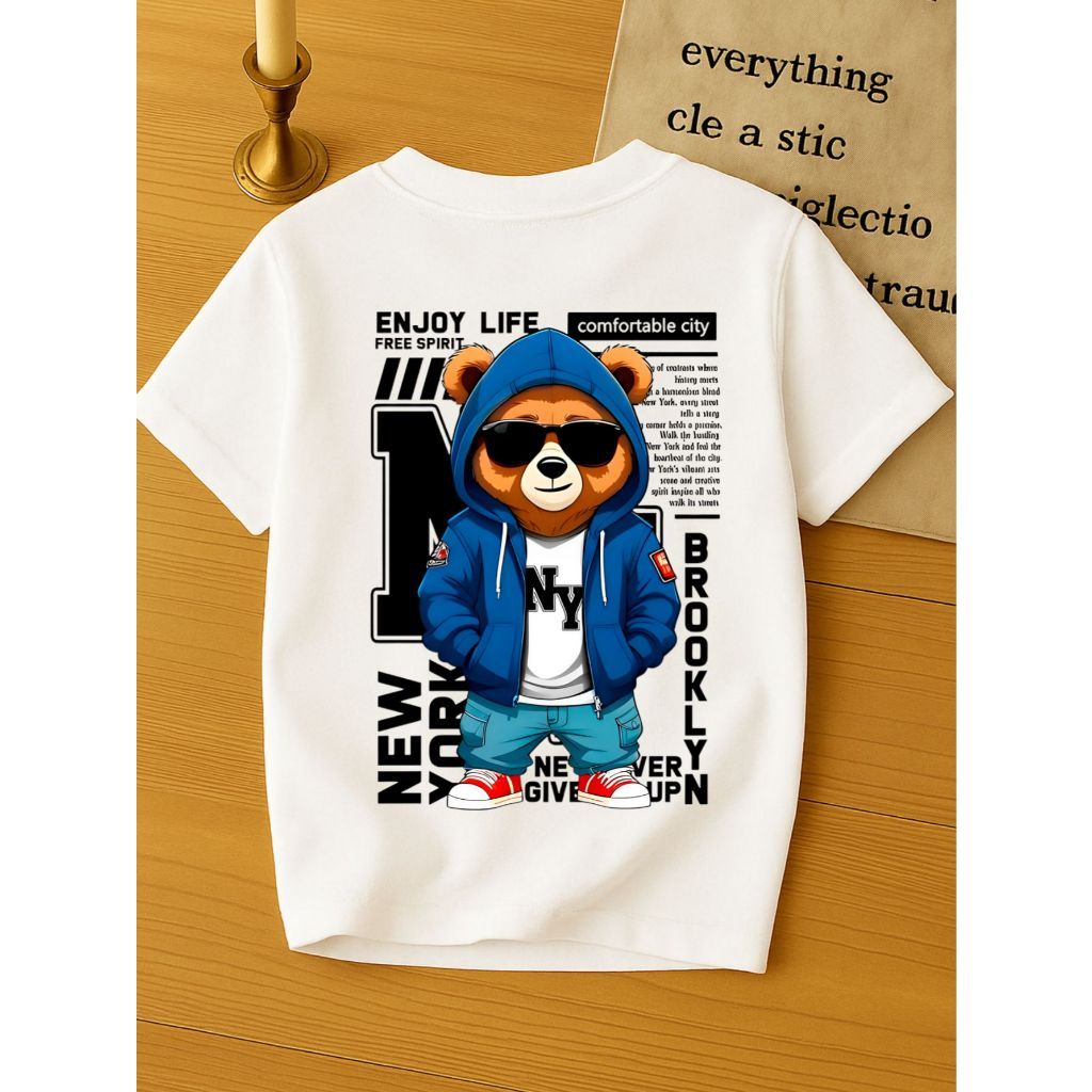 Camiseta Infantil Masculina Urso Enjoy 100% Algodão Premium Menino Juvenil Estampada Confortável Verão Roupa Infantil