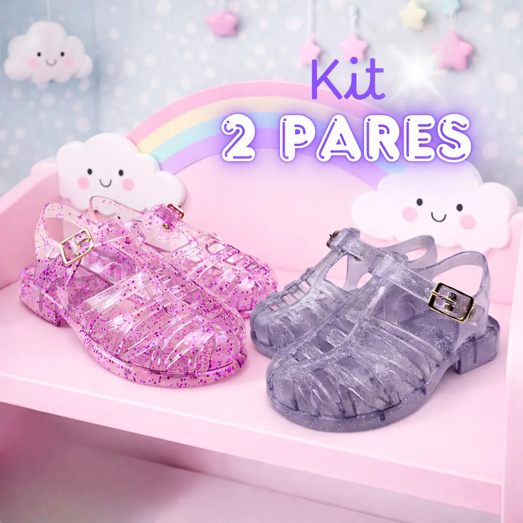 Kit 02 Sandalias de Menina Infantil Papete Baby Mel Aranha Rosa Cristal Glitter plástico leve macia