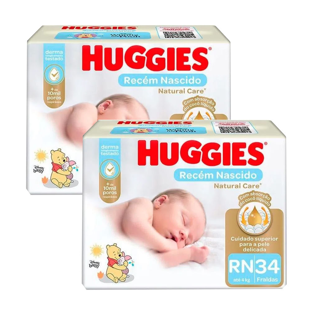 Kit 2 Fraldas Huggies Natural Care Rn Mega - 68 Tiras em Oferta na Shopee