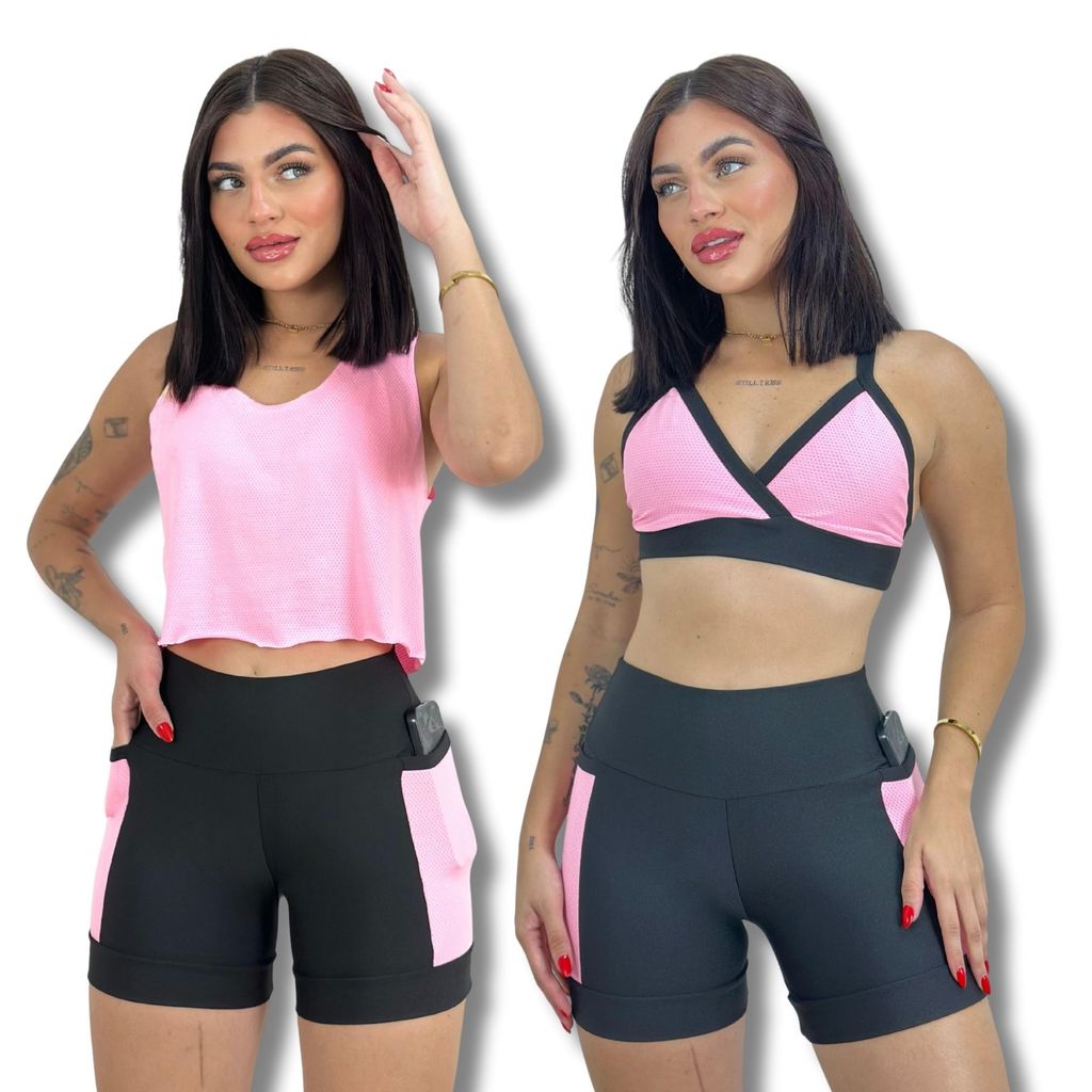Conjunto Academia KIT 3 Peças Short  Top e Blusa Baby Look Dryfit Fitness