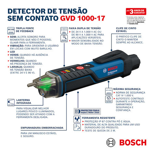 Detector de Tensão sem Contato Bosch GVD 1000-17 com 2 Pilhas AAA Profissional