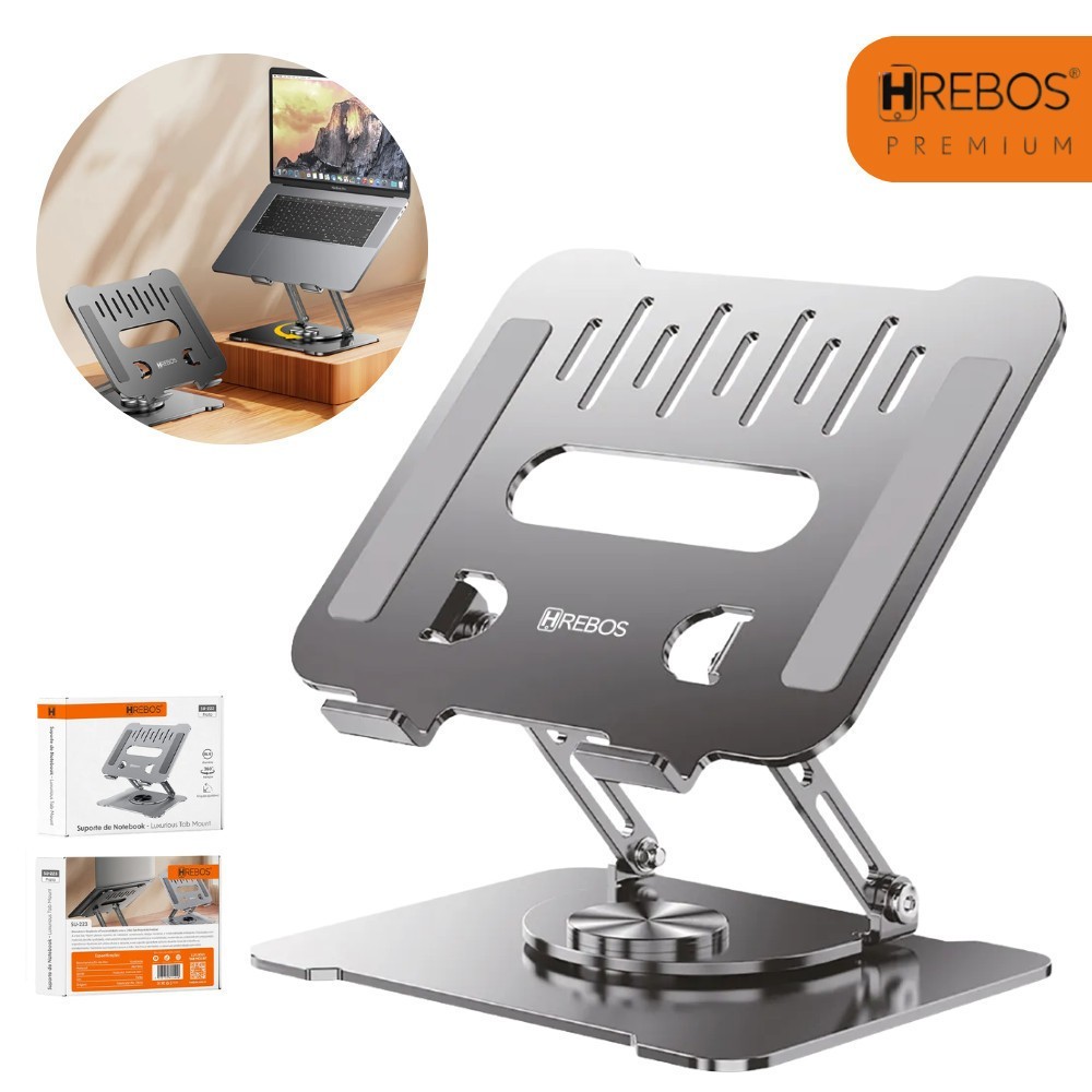 Suporte de Mesa para Notebook Alumínio Ajustável 360° Hrebos SU-223 Ergonômico Portátil Dobrável Antiderrapante