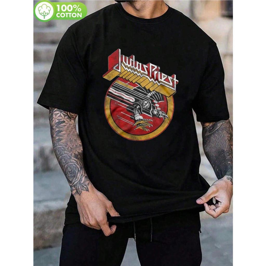 Camiseta masculina vintage Judas Priest Tour Logo 100% algod?o puro, corte regular preta com design de asas vermelhas e